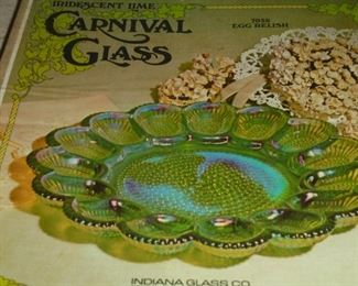 iridescent lime carnival glass egg dish in box