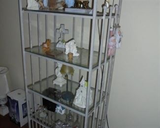 White iron bakers rack w/glass shelves