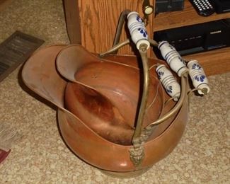 2 vintage copper coal buckets w/porcelain handles (unbroken)