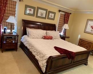 Ethan Allen 5 Piece King Sleigh Bed - night table dresser w/ mirror ( drapes  and curtains are not for sale )