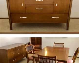 Gorgeous Mid Century DREXEL PROFILE Buffet and Dining Room Table and 4 Chairs. 2 Leaves and Pads Included
