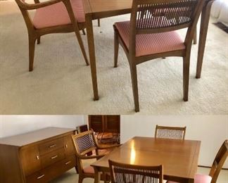 Gorgeous Mid Century Buffet and Dining Room Table and 4 Chairs. 2 Leaves and Pads Included