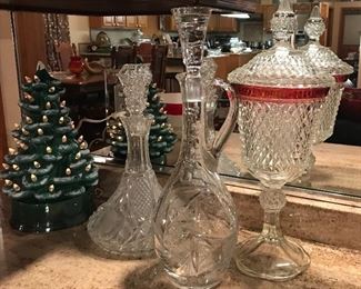 Vintage Ceramic Christmas Tree, crystal Decanters, Indiana Glass Diamond Point Footed Candy Glass