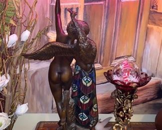 SIGNED PHILIPPE WOLFERS BRONZE STAINED GLASS LAMP  $450 .... HALF OFF