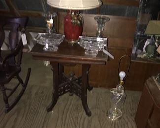 Antique Table, Lamp, Cut Glass Serving  Items and Cut Glass Candle Sticks  