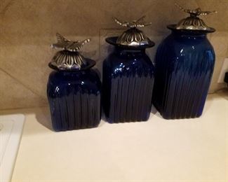 Butterfly Topped Blue Glass Canisters