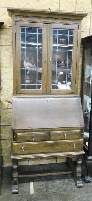 English oak drop front bookcase secretary