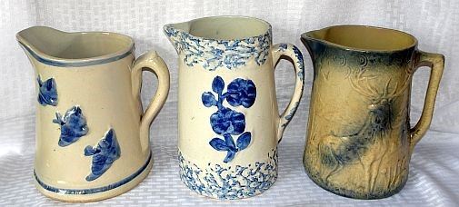 Old Stoneware Pitchers Incl. Spongeware, Flying Blue Bird & Stag
