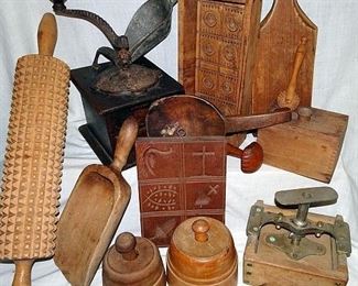 Wooden Ware, Butter Molds, Spingerlee Cookie Boards, Rolling Pins, Scoops, Coffee Grinders