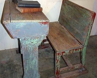 Wooden School Desk In Old Paint