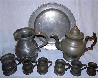 Early Pewter Charger, Measures, Tea Pot