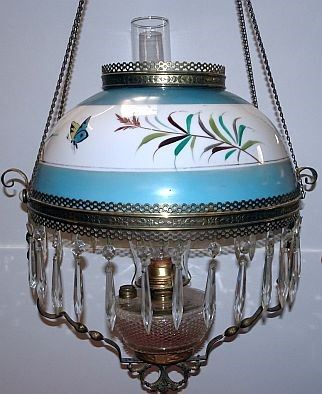 Brass Frame Hanging Lamp W/ Hand Painted Shade