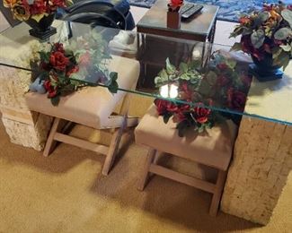 Rock & Glass Couch Table and Pair of Stools