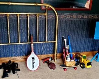 Full size Brass headboard; Misc. Toys