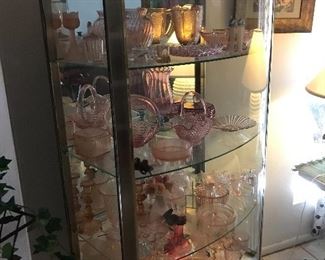 MOSTLY PINK DEPRESSION GLASS PIECES AND GLASS AND METAL DISPLAY UNIT