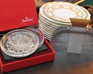 Baccarat crystal wine bottle coasters; Limoges plates; art deco crumb catcher