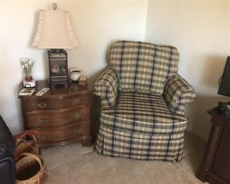 Excellent Condition Upholstered Navy and Green Side Chair.   Small Pennsylvania House curved front chest.
