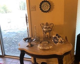 Victorian Walnut Turtle Top - Marble Top Table, Flow Blue Cake Plate & Cheese Server, Coffee Urn, Austria Beehive Portrait Plate, Nippon Napoleon Plate