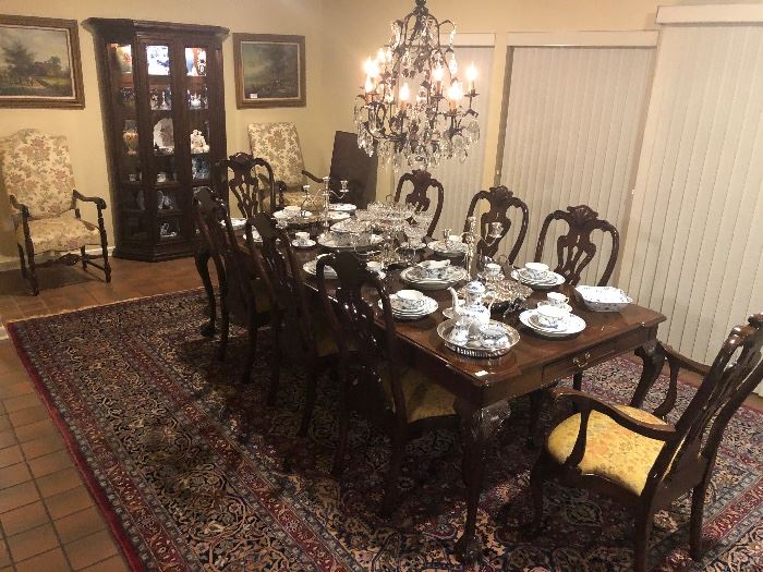 Henredon Dining Table w/ 2 Leaves & 8 Chairs- SOLD,  Hand Tied Rug, Czech Crystal Chandelier, Royal Copenhagen Full Lace China