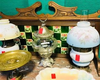 Mt Washington Oil Lamps, Bronze Tazza, WMF Glass and Silverplate Syllabub