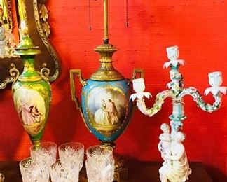 Dresden Candelabra Pair, Sevres Lamps Pair, Sevres Urns Pair