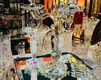 Baccarat Candelabra, Antique Silverplate Plateau Mirror