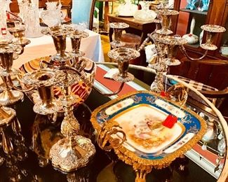 Sevres Bronze Mounted Centerpiece, Sheffield Silverplate Candelabra Pair