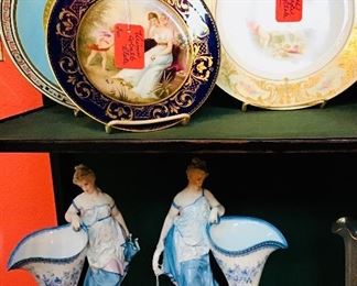 Pair Figural French Spill Vases and French Cabinet Plates