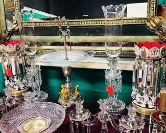 Bronze and Glass Centerpieces, Fine Moser Lustres, Baccarat Hurricanes