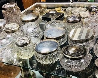 Sterling and CutGlass Powder Jars and Hair Recievers
