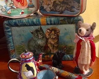 Tin boxes, Ohio Art tea cup, teapot