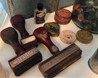 Vintage stamps, medicinal tins, bottles, advertising pieces