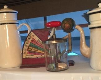 Egg scale, enamelware teapot coffee pot