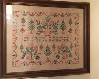 Vintage framed cross stitch on linen