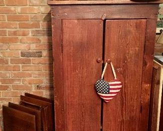 Vintage children’s TV trays, pine primitive cabinet