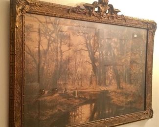 Beautiful very old print and frame of man by the stream