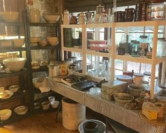 Yelloware and lots of it! All kinds of unique kitchen items including crocks, baskets, boxes and more