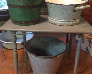 Vintage buckets, enamelware and more
