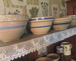Yelloware bowls of all sizes, salt glazed pottery