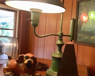 Green metal lamp, dog lamp, Seth Thomas metronome