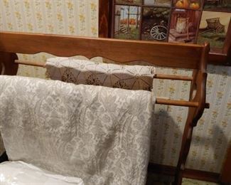 Chenille bedspread, quilt rack, blankets