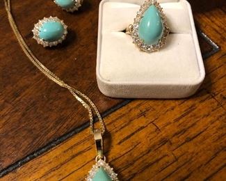 18k gold Turquoise and diamond Earrings, Necklace, and Ring
Only the appraisal for this set will be at the sale, you must make an appointment to see in person