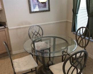 Round Dinette w/Pewter-tone base/4 chairs and beveled glass top - $395