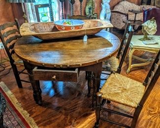 Large carved sigh bowl, miscellaneous pottery and set of 4 ladder back chairs with Rush seats