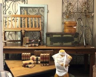 Window Panels, Bamboo Bust, Vintage Mercantile Table w Change Drawers, Dual Billiard's Seat