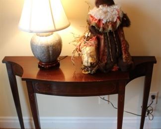 Pewter lamp shown with Michigan artist made Santa Claus. Made with mink and beautiful fine fabrics.
