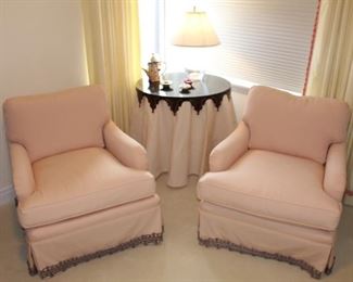 English roll armchairs, beautifully trimmed. Measurements for the chairs are 31" W x 38" D x 34" H.