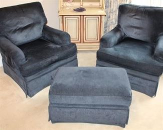 Pair of navy chairs with ottoman.