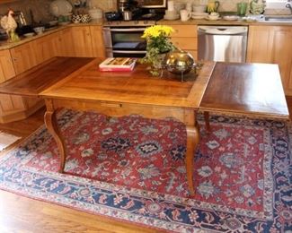French country farm table 39 1/2" W x 47 1/2" L, with leaves extended on each end, length is 89 1/2" L