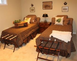 Guest bedroom shown with Ralph Lauren twin beds, bedding, end table and more.